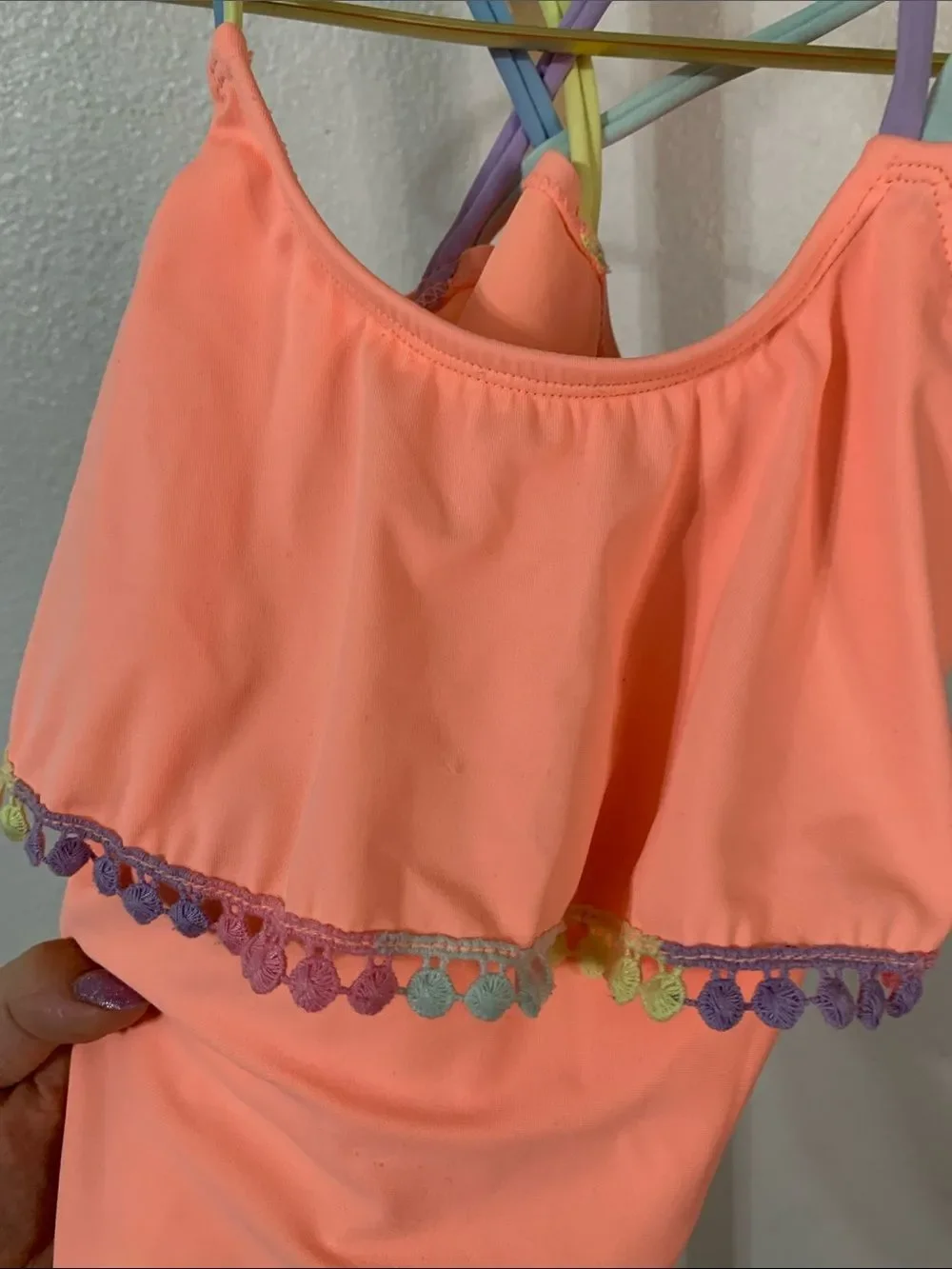 Coral Pink Girls' Two-Piece Swim Set with Rainbow Trim- girls 8